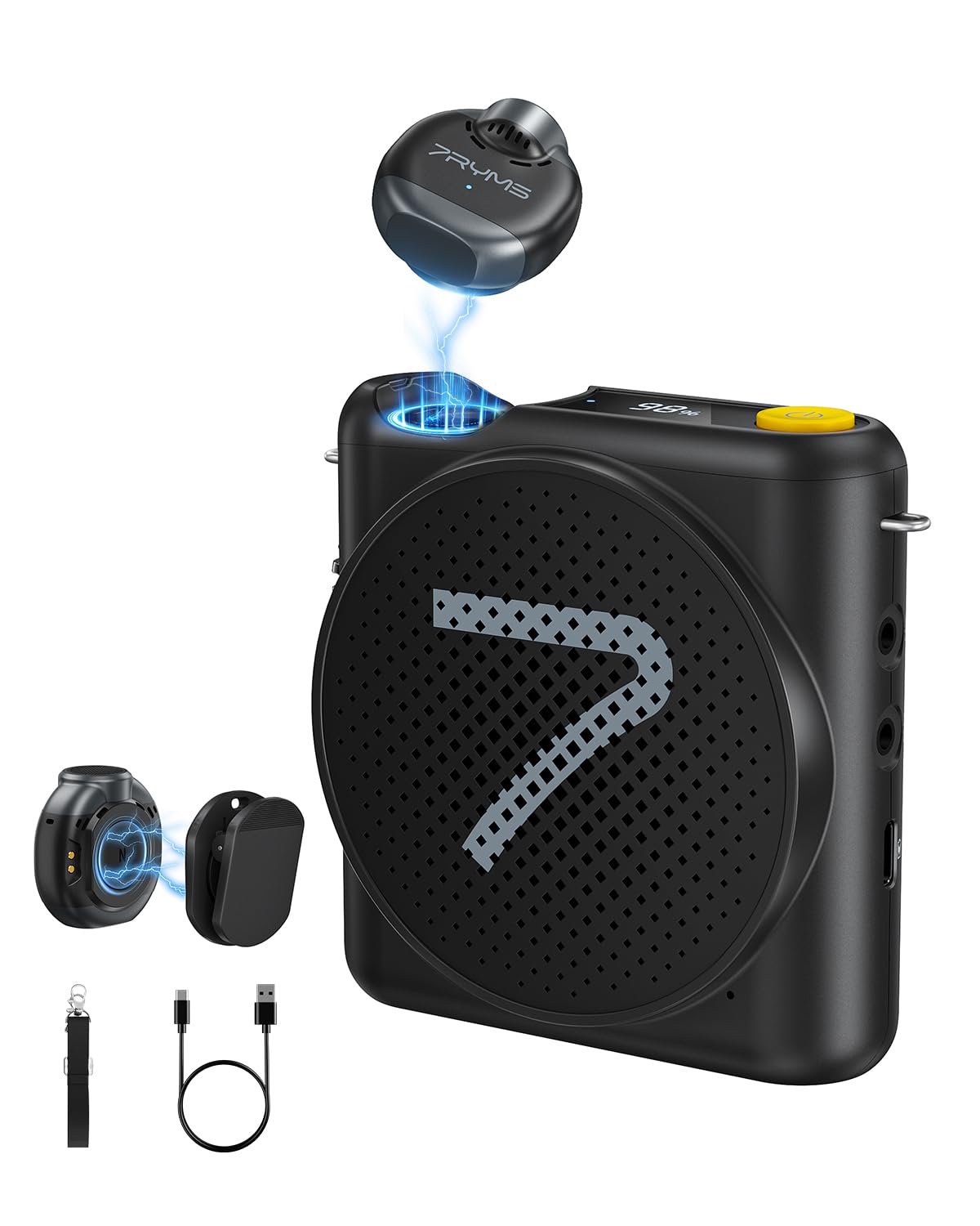 7RYMS WA2 Wireless Voice Amplifier for Teacher, Elderly with Magnetic Lavalier Mic, Personal Classroom Amplifier-Noise Canceling, 23H Working, 164ft Range, Mini Pa System for Teaching Tour Guide Yoga