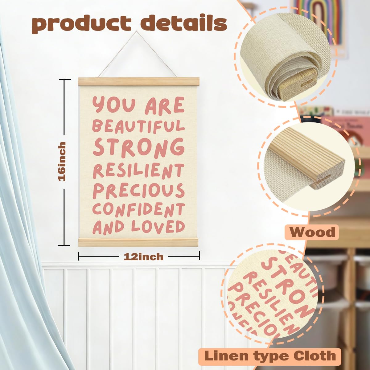 STHTTSW Positive Affirmations Baby Girl Nursery Decor,You Are Beautiful Banner Poster Hanger with Wooden Frames,Inspirational Wall Art for Toddler Girls Bedroom Kids Room Wall Decor 12x16 Inch