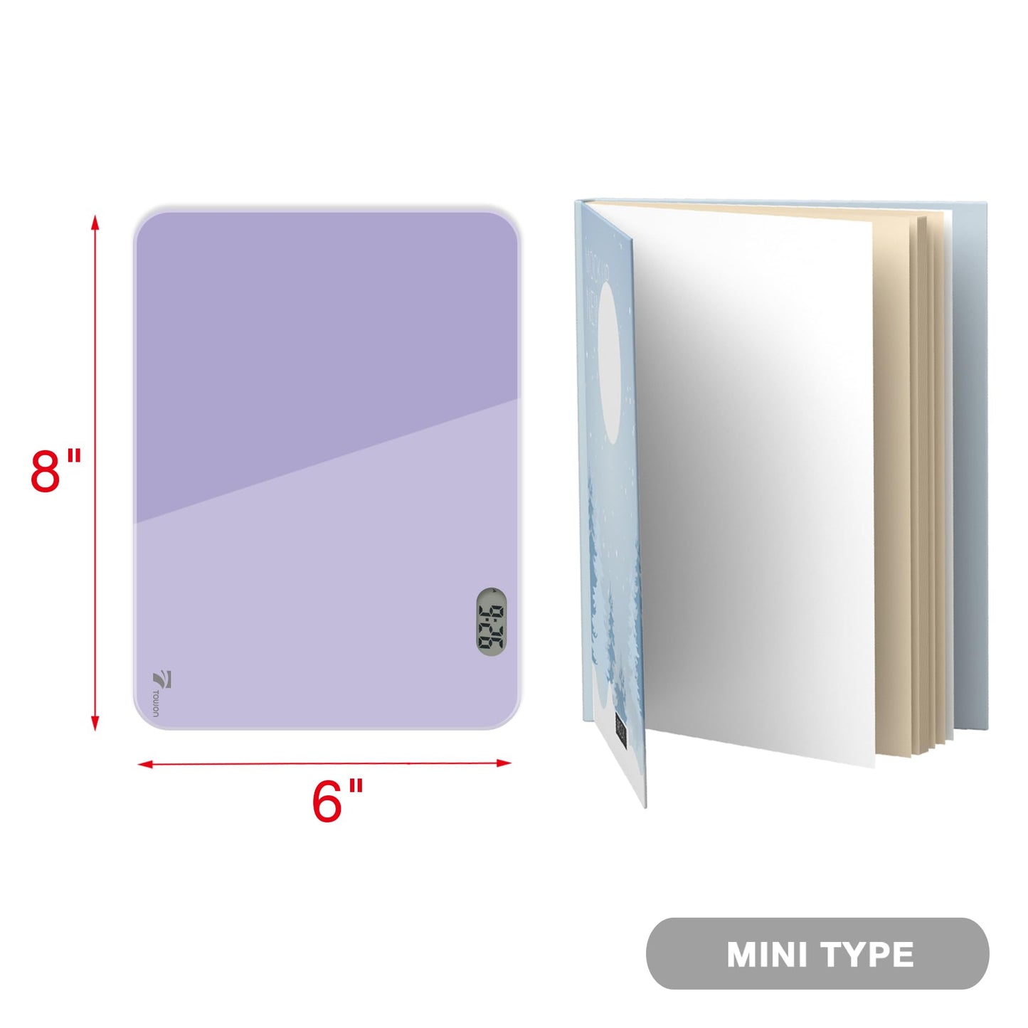 Small Glass Desk Whiteboard Dry-Erase Board with Clock, Small Travel Clock Keychain with Desk Notepad, Time Table Whiteboard for Desk Digital LED Light Display, 8x6 in with Accessories, Purple