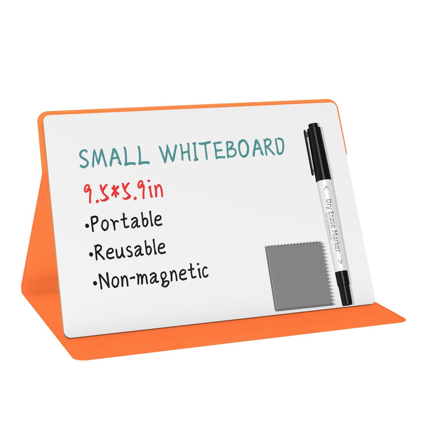 Portable Small White Board,Reusable Dry Erase Board with Stand,Desktop Whiteboard for Office Meeting Bussiness Home 9" x 6" with Marker, Wipe Cloth (Orange)
