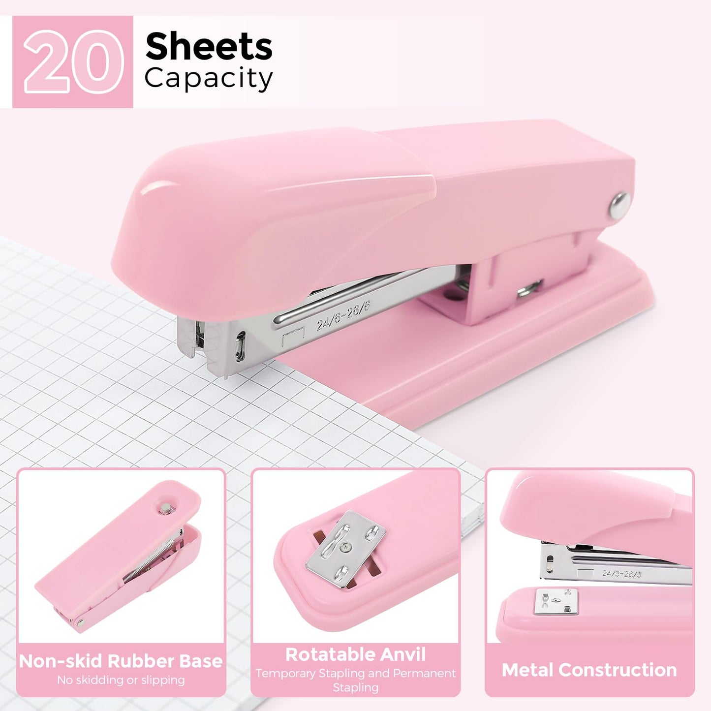 SKYDUE Pink Office Supplies Set, Pencil Holder for Desk,Gel Pen, Stapler, Tape Dispenser, Scissors,Clips and 1000pcs Staples, Office Decor for Women, Pink Desk Accessories
