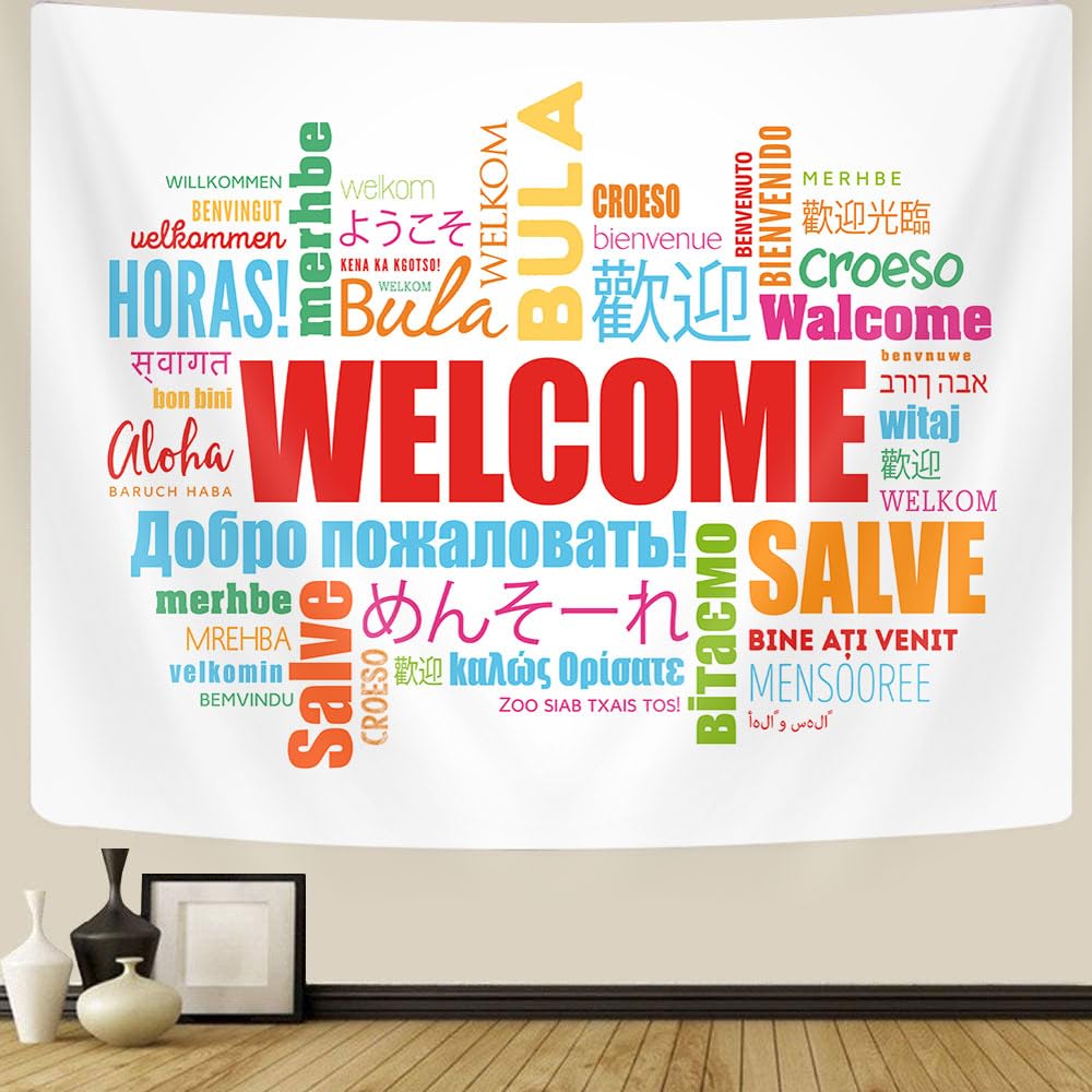 GOAOK Welcome Word in Different Languages Tapestry, Colourful Languages Multilingual Classroom Decor Aesthetic Tapestry Wall Hanging for Student Kids Decor Living Room Bedroom Dorm Playroom 60X40 In