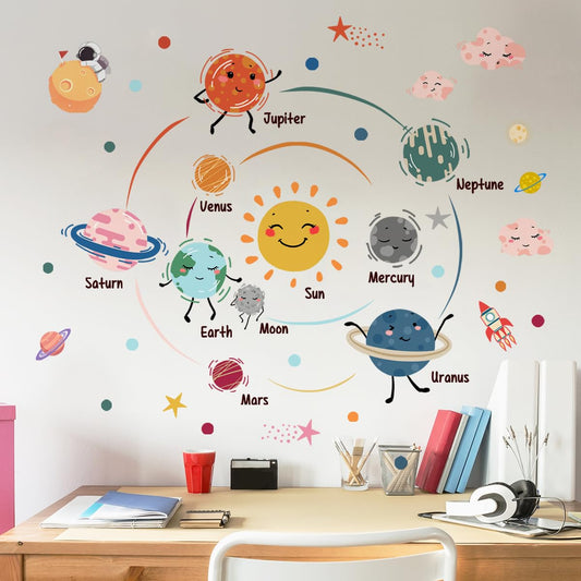 Cartoon Planet System Wall Stickers Colorful Planet Space Theme Wall Decals Peel and Stick Universe DIY Art Murals Decor for Kids Room Nursery
