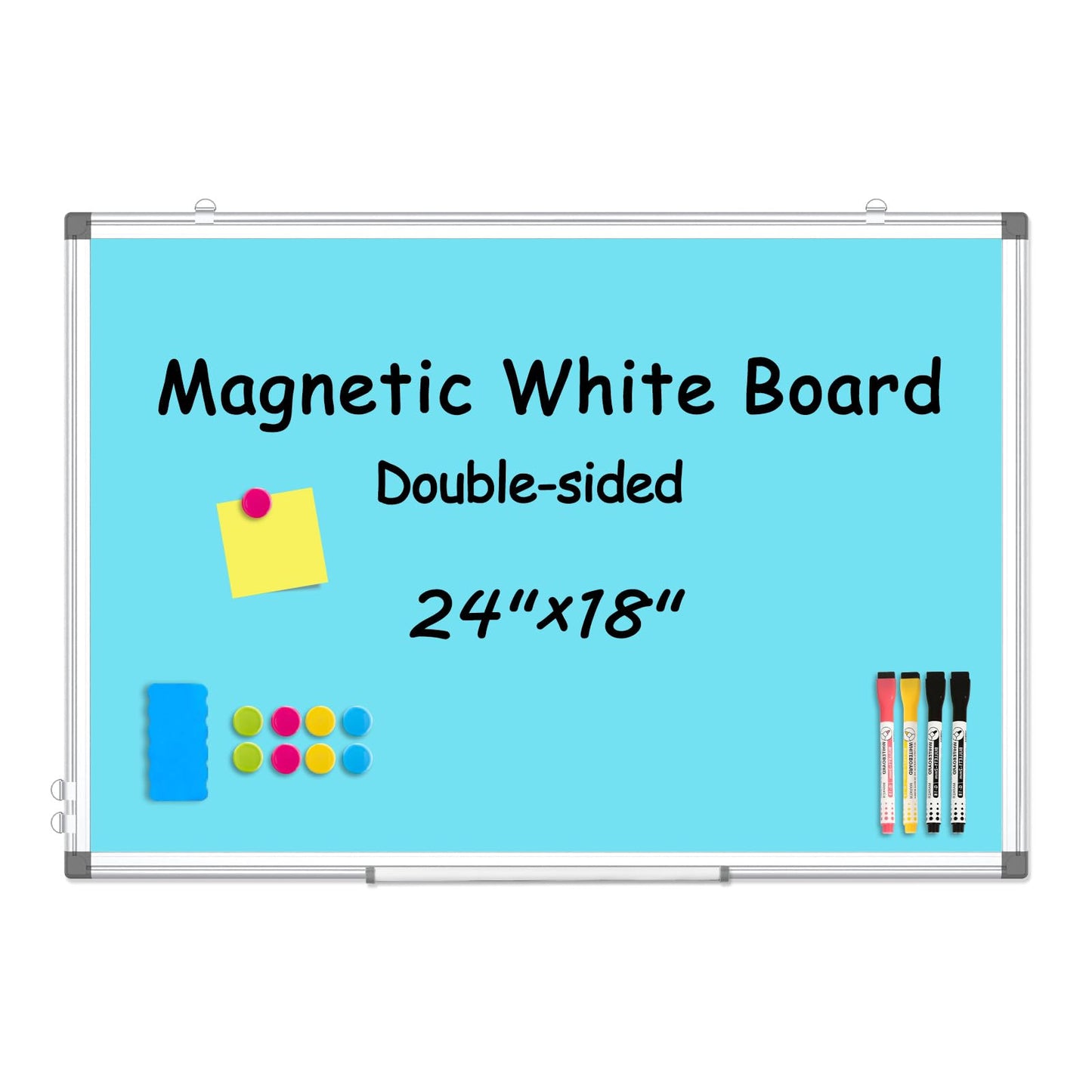 WALGLASS Magnetic Whiteboard 24"x18" Dry Erase White Board for Walls with Pen Tray, Aluminium Frame and Dry-Wipe Writing Surface for School, Home, and Office (Blue)