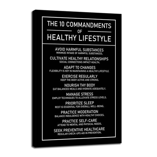 The 10 Commandments Of Healthy Lifestyle Motivational Canvas Wall Art Inspirational Exercise Healthy Growth Quote Poster Painting Prints for Office Living Room Home Decor Framed Artwork[12''W x 18''H]