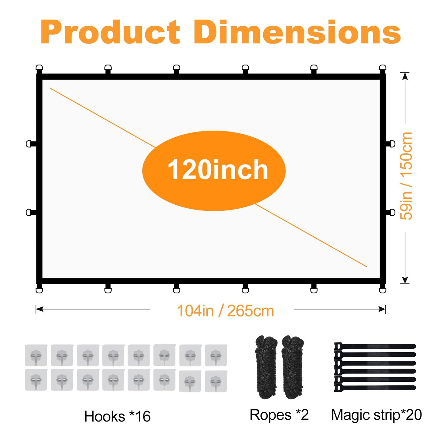 Outdoor 120in Projector Screen, Washable Black Backing Movie Screen Foldable Wtinkle-Free Projection Screen for Indoor/Outdoor Home Theater, Camping, Office, 16:9 4K HD Projector for Movies On Wall