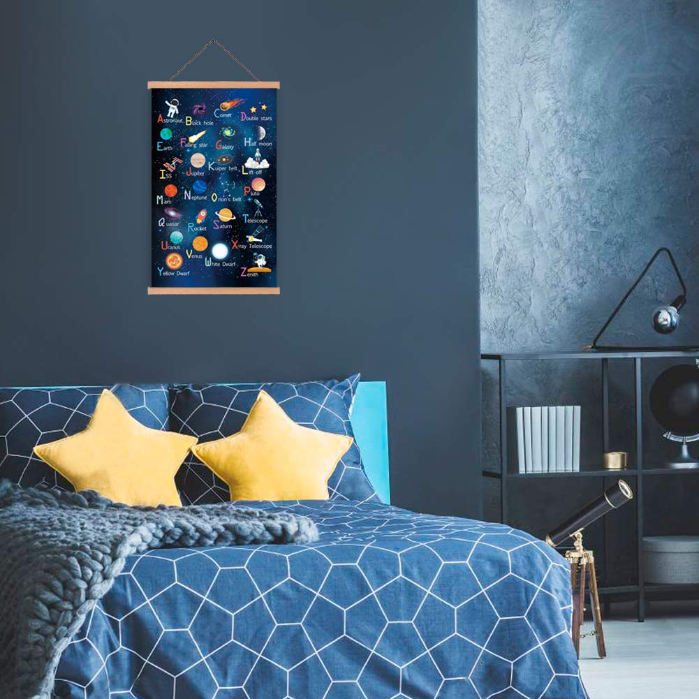 Outer Space Art Print With Wood Magnetic Poster Hanger Frame, Astronomy Alphabet Letters Canvas Wall Art ,Abstract Universe Educational Poster,40X64CM Hanging Painting For Home kids Classroom Decor