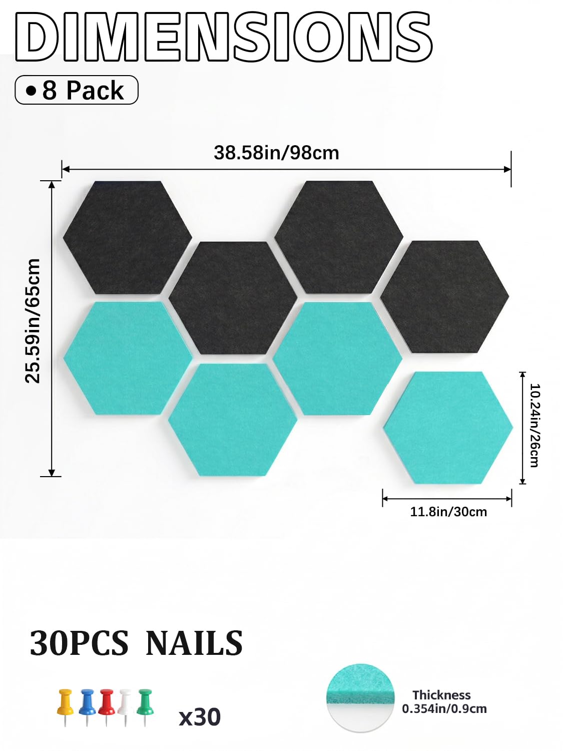 Uoisaiko 8 Pack Hexagon Felt Bulletin Board Tiles - 12" Large Thick Pin Board for Walls with 30 Push Pins, DIY Boards for Office Home School Decor, Aesthetic Hex Cork Board Alternative