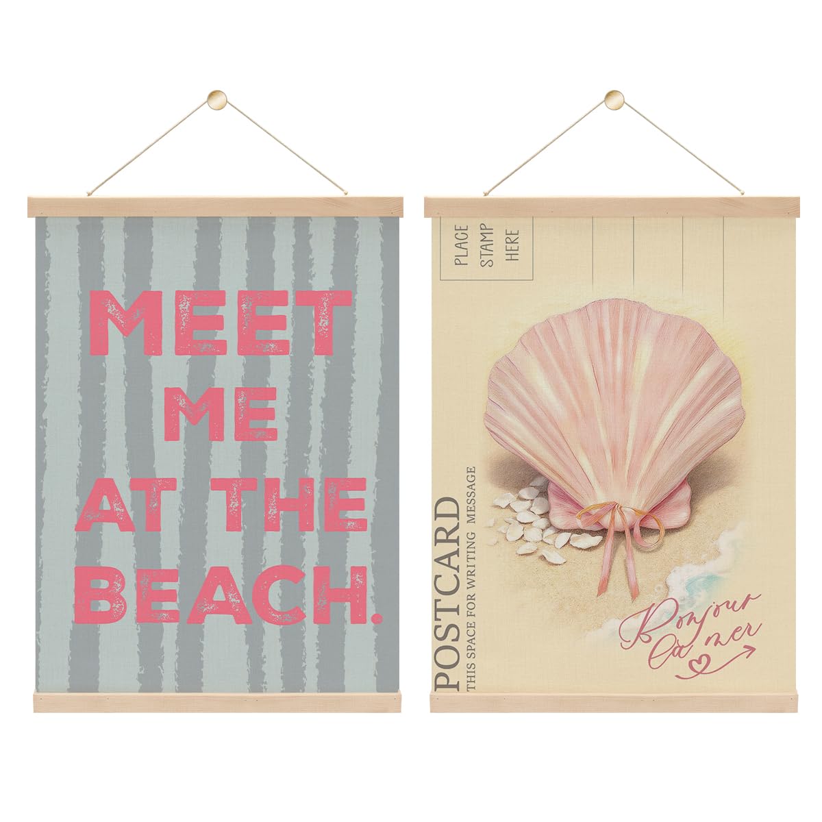 Set Of 2 Meet Me At The Beach Poster Hanger,Preppy Pink Seashell Coastal Wall Art With Wooden Poster Hanger,Aesthetic Seashell Art Posters Decor for Girls Room Dorm Apartment Decor 15.8x11.8 Inch
