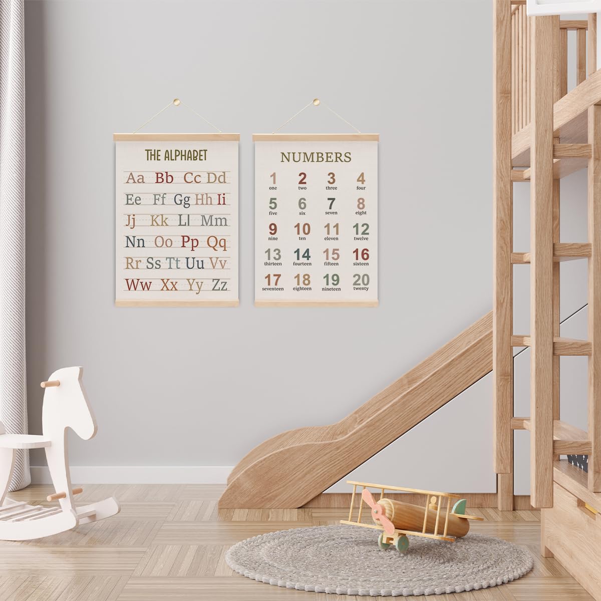 2PCS Alphabet Numbers Poster Hanger Frame, ABC Banner Poster Wall Art, Educational Posters Decor for Nursery Toddler Room Playroom Alphabet Banner Wall Hanging Homeschool Classroom Decor 15.8x11.8 In