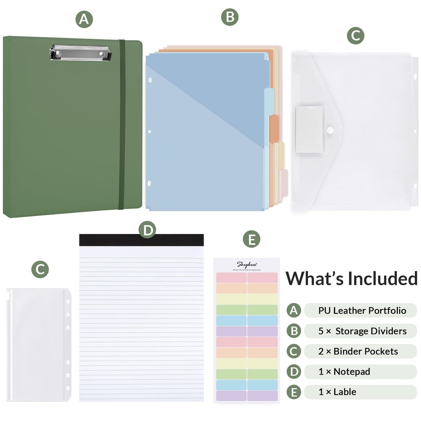 SKYDUE Clipboard Binder with Refillable Notepad, PU Clipboard Folder Includes 5 Dividers with 10 Pockets, Labels, 3 Ring Binder 1 Inch for School Office (Fit Letter Sized Paper),Olivegreen