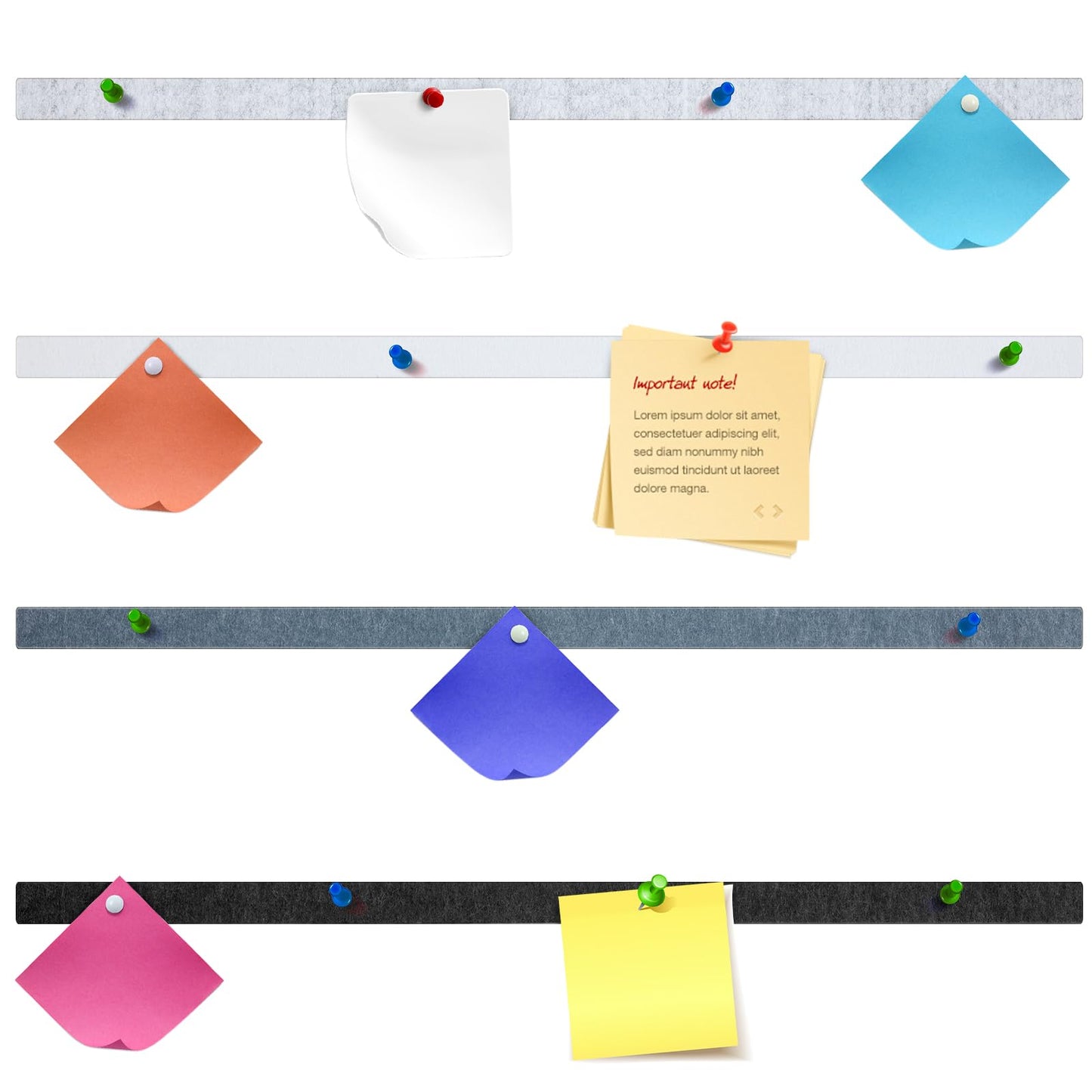 Mooliwe 4 Pcs 48" x 1" Felt Cork Bulletin Bar Strips for Wall, Self-Adhesive Notice Board Strips, Wall Decor for Notes, Photos, Schedules, Office & Home Use (Silver Black White Grey)