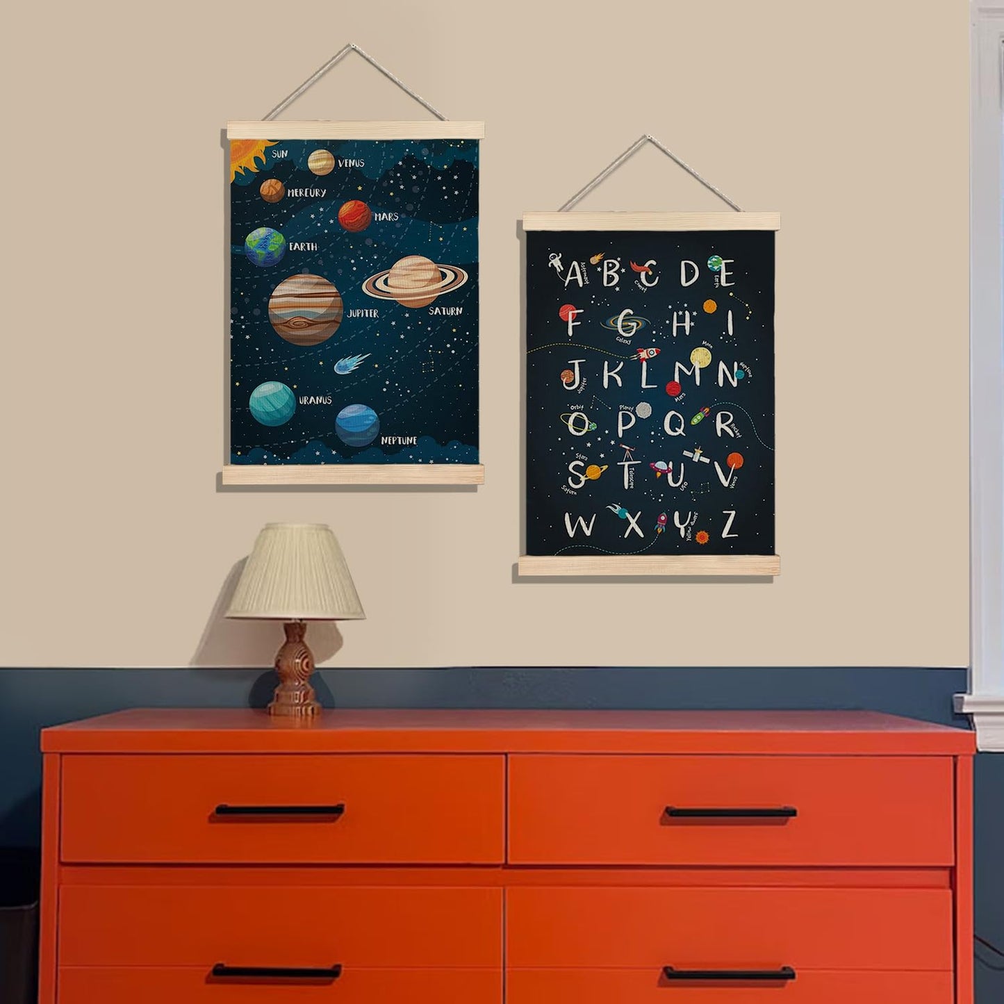 BearCake Nursery Playroom Classroom Toddler Space Solar System Alphabet Learning Kids Posters Wall Decor Art,Kids Room decor,12x16 Inch Set of 2