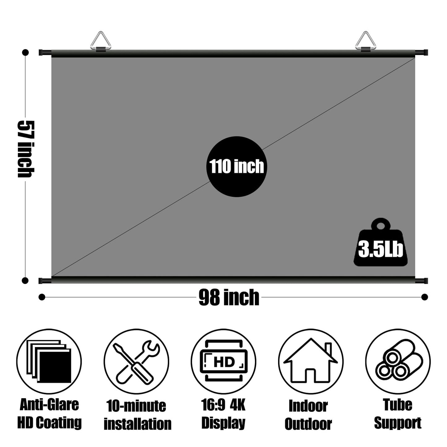 110 inch Projector Screen, XIAOHUI Portable Movie Projector Screen for Outdoor Indoor with 3 pcs Adhesive Hook, 4K Hanging Projection Screen for World Cup Room Wall, Anti-Glare, 16:9 HD