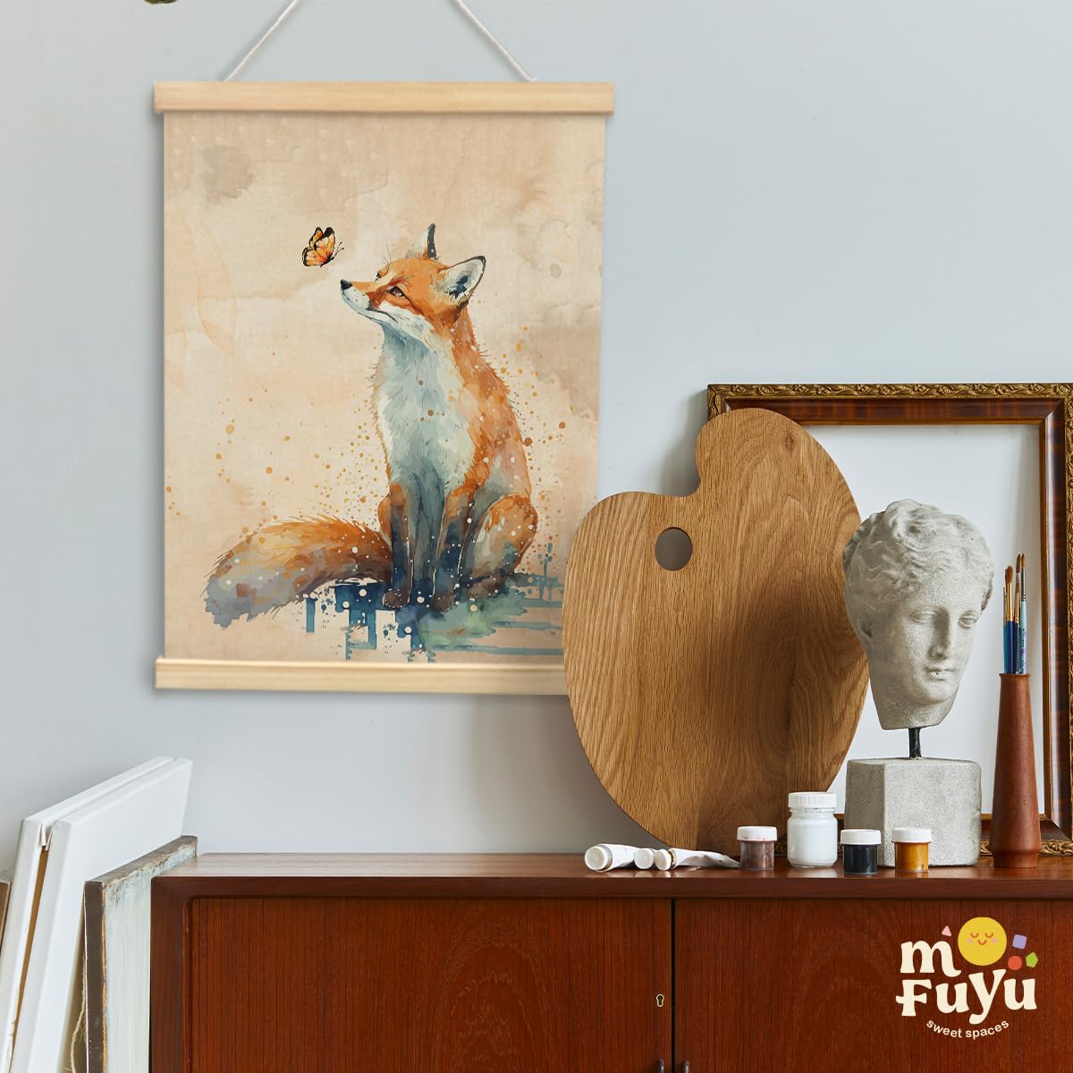MOFUYU Fox Wall Art Decor,Fox Gifts,Fox Gifts for Girl Women, Animal Framed Wall Art for Bedroom Living Room Kids Nursery, 12x16 Posters Framed with Wood Hanger