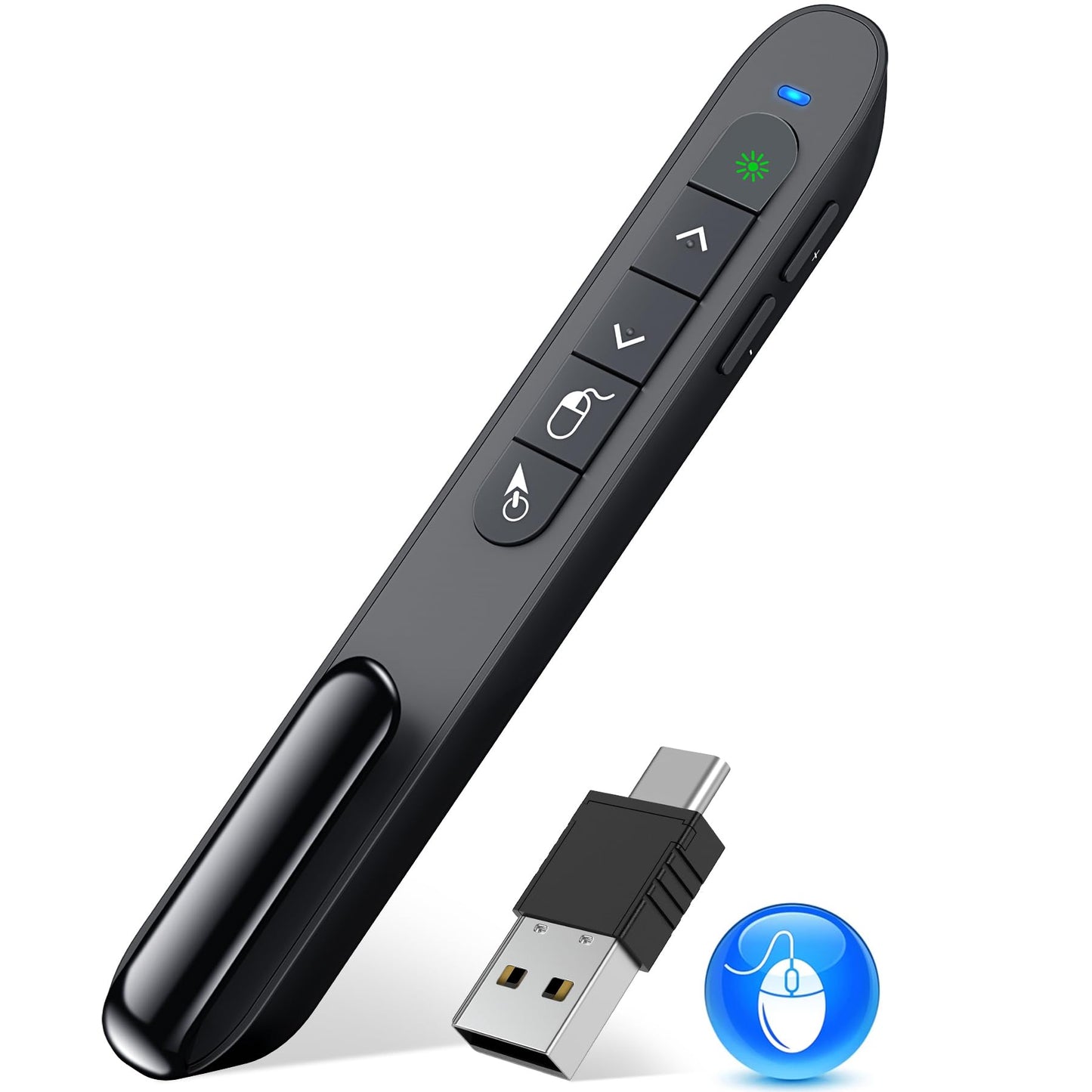 USB Type C Wireless Rechargeable Presenter Remote with Air Mouse, Green Light, Volume Control, Presentation Clicker PPT Pointer 2.4GZ PowerPoint Clicker Slide Advancer for Window Mac Keynote Google