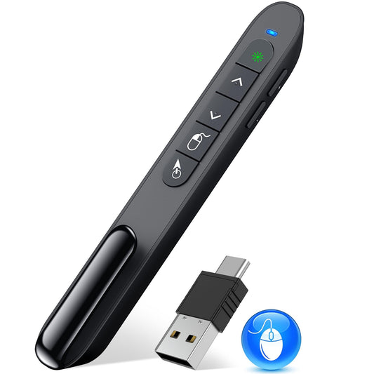 USB Type C Wireless Rechargeable Presenter Remote with Air Mouse, Green Light, Volume Control, Presentation Clicker PPT Pointer 2.4GZ PowerPoint Clicker Slide Advancer for Window Mac Keynote Google