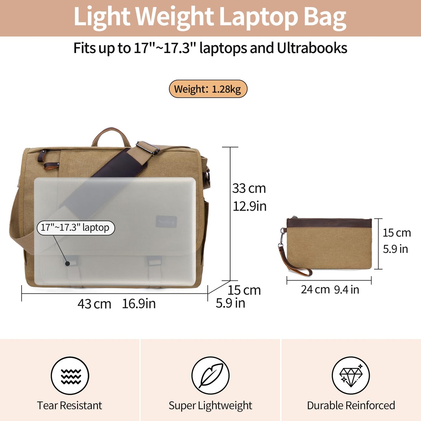 Nerlion Messenger Bag for Men 17-17.3 Inch Laptop Bag Canvas Water-resistant Computer Bag Shoulder Bag Work Briefcase Bookbag for College (Brown)
