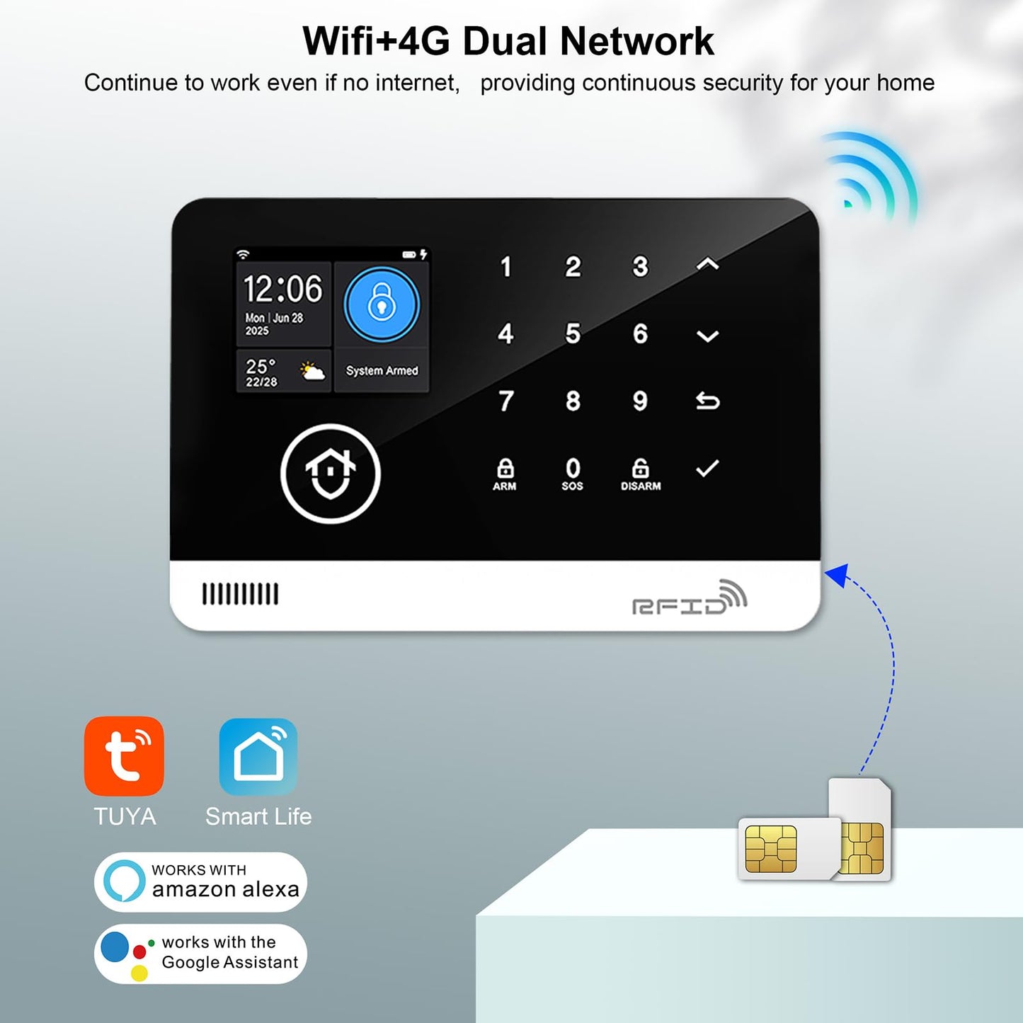 Home Security System, 4G/WiFi GSM SMS Wireless Home Alarm System with Motion Detector, 120dB Alarm Siren, Smart Remote Control, LCD Display, Compatible with Alexa and Google(12 Pieces)