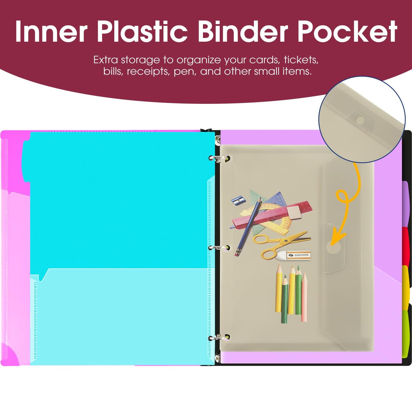 INFUN 1 Inch Telescoping Project Organizer Binder-2PCS,13 Pocket, Customizable Front Cover, 5 Colors Pocket Divider and Plastic Binder Pocket，225 Sheet Capacity-Pink