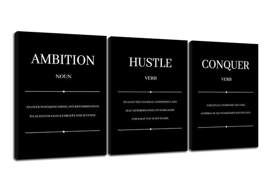 Ambition Hustle Conquer Motivational Canvas Wall Art Inspirational Entrepreneur Quotes Posters Prints Work for Modern Bedroom Office Gym Wall Decoration Ready to Hang [36''W x 16''H]