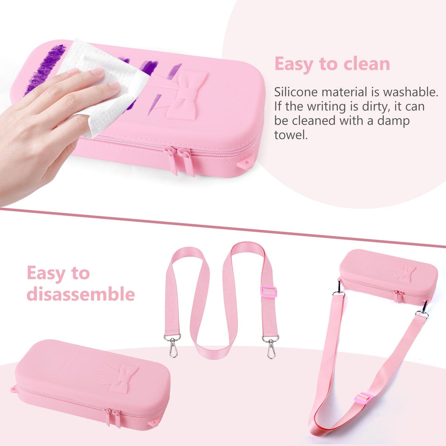 SEEZIZI Soft Silicone Bow Pencil Case, Large Capacity Aesthetic Pen Pouch Organizer with Handle & Strap,Big Pencil Bag for Girls Women, Kawaii School College Travel Supplies - Pink