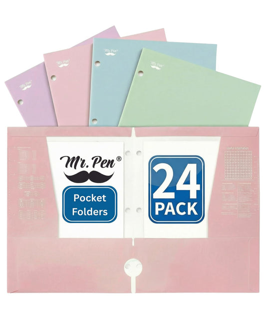 Mr. Pen- 4-Pocket Folders, 24 Pack, 12.5" x 9.5", Pastel Colors, Tear-Resistant Paper Folders Bulk with Pockets 3 Holes Punched, High Capacity, Includes Rulers and Conversion Charts for School