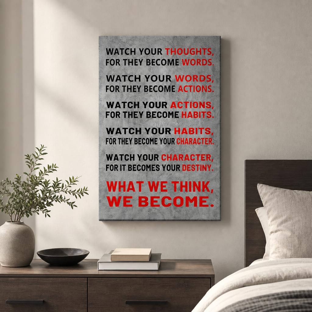 YSPCSUN Inspirational Posters for Office Watch Your Thoughts Quote, Gray Red Canvas Wall Decor for Home Office Dorm Classroom, Single Panel Framed Canvas Poster, 24x18 Inch