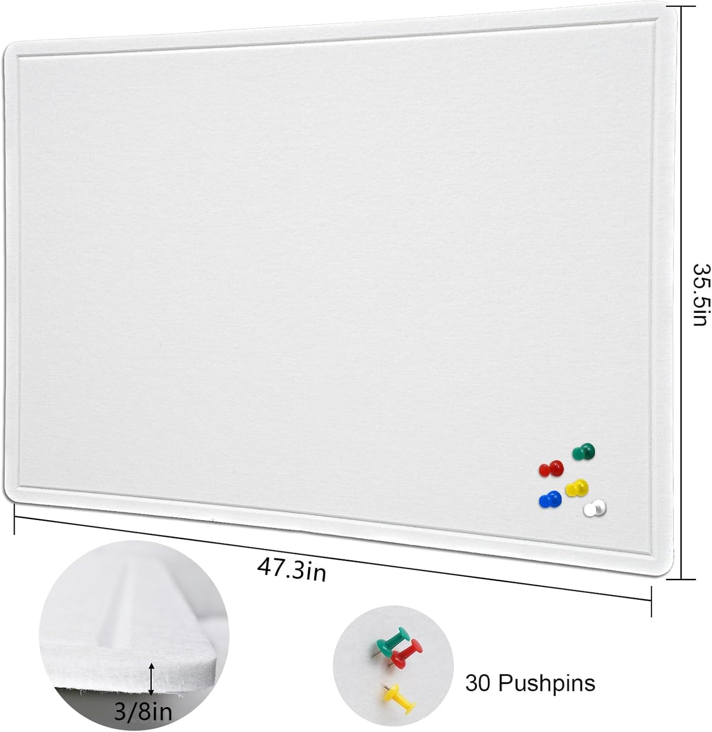 Large Bulletin Board, 48 X 36 inches Felt Board Notice Pin Board,4' x 3' Cork Board Alternative for Wall, Self-Adhesive Vision Board Mood Board Foldable Photo Board with 30 Pushpin-Warm White