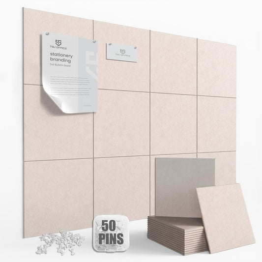 TSJOFFICE Large Cork Board for Wall - 48" x 36" Bulletin Board with 50 Pushpins for Office Decor, Pin Board 12 Pack Felt Wall Tiles with Safe Removable Adhesive Tabs, Corkboard for Home - Oatmeal