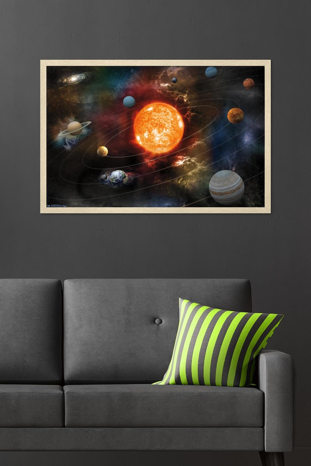 Orbiting Solar System Wall Poster, 34L" x 22.4W", Blonde Framed Version