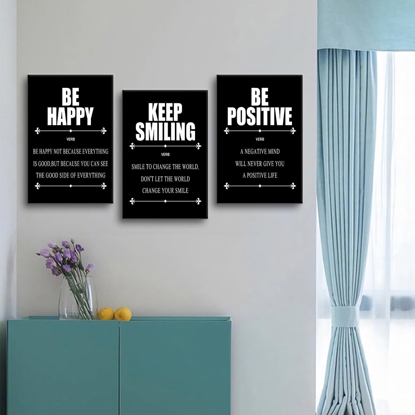 YSPCSUN Triptych Wall Decor Inspirational Posters for Office, Black White Be Happy Positive Quote 3 Panel Canvas Prints for Home Office Dorm Classroom, 48x24 Inch Display