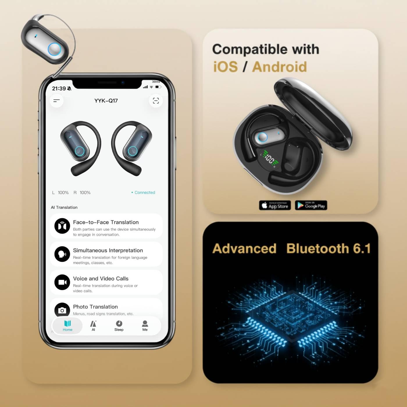 Translation Earbuds Real Time - AI 168 Language Translator Earbuds, Audifonos Traductores Inglés Español, 4-in-1 Translating Device Translate Ear Buds for Travel with Charging Cradle (Deep Black)