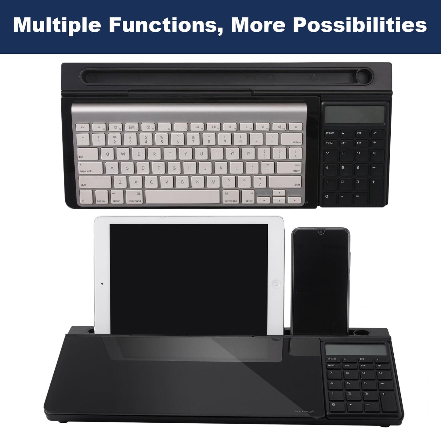 Small Glass Desktop Whiteboard Dry-Erase-Board - Computer Keyboard Stand with Calculator White Board Surface Pad with Drawer, Desk Organizers with Accessories for Office, Home, School Supplies - Black