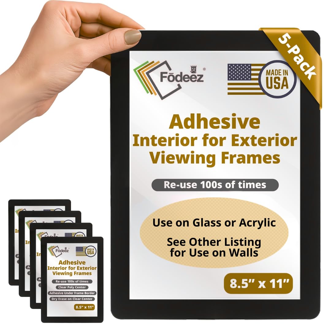 Fodeez Letter-Size 8.5 x 11 Adhesive Interior for Exterior Viewing Frames - Reusable Sticker Holder Display for Windows & Doors, Paper Holder, Dry Erase, Non Acylic & Non Magnetic - Black, Pack of 5