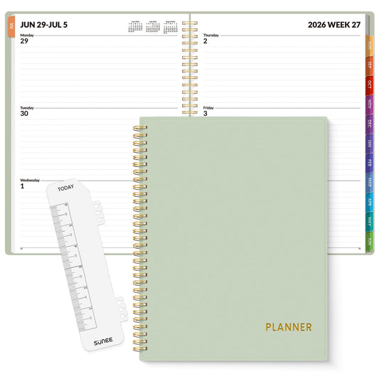 SUNEE Academic Planner 2026-2027 – Weekly & Monthly Planner, July 2026 to June 2027, 8.5"x11", Thick Paper, Tabs, Pockets, Bookmark, Spiral-Bound, Student Teacher Organizer, Sage Green