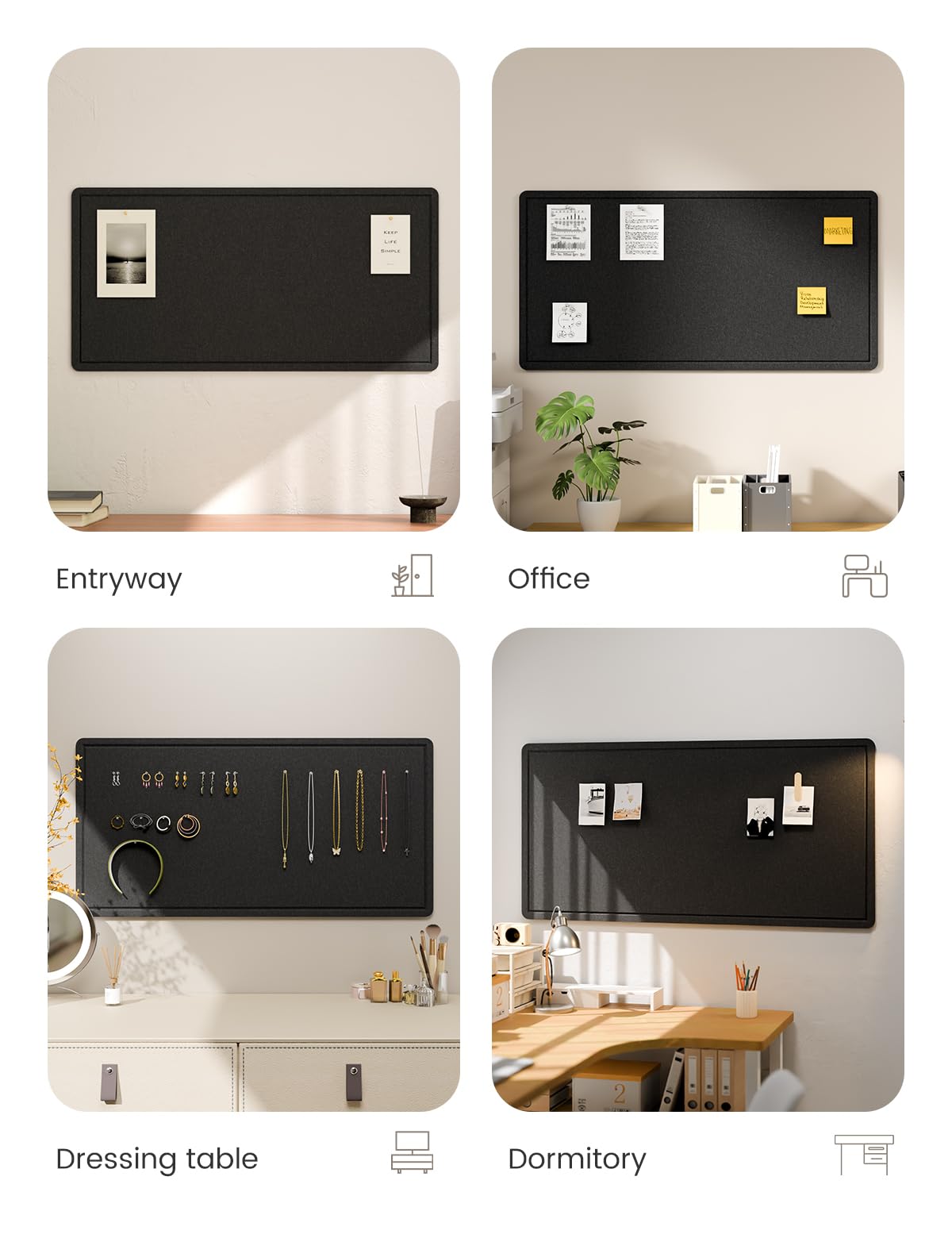 Fluxynara Bulletin Board, 35" x 17.5" Cork Board Alternative with 12 Safe Removable Adhesive Tabs, Foldable Felt Pin Board for Home Office, Classroom, Bedroom,Entryway for Walls—Black