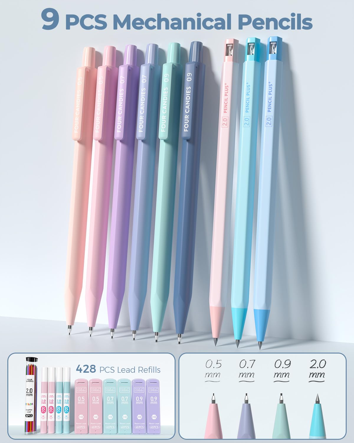 Four Candies 56 PCS Stationery Set, Cute Storage Case with Supplies, 6 Multicolor Pens, 12 Pastel Highlighters, 5 Gel Pens Black Ink, 9 Mechanical Pencils for College Essentials Stuff (Blue)
