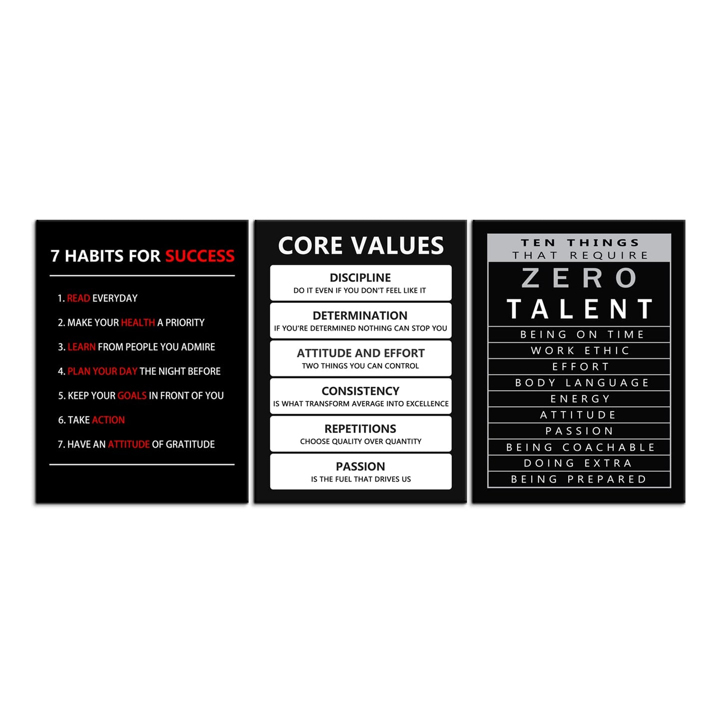 Inspirational Canvas Wall Art 3 Pieces Core Values Poster Motivational Ten Things That Require Zero Talent Canvas Artwork Picture Print Framed for Home Office Living Room Gym Wall Decor [36''Wx 16''H]