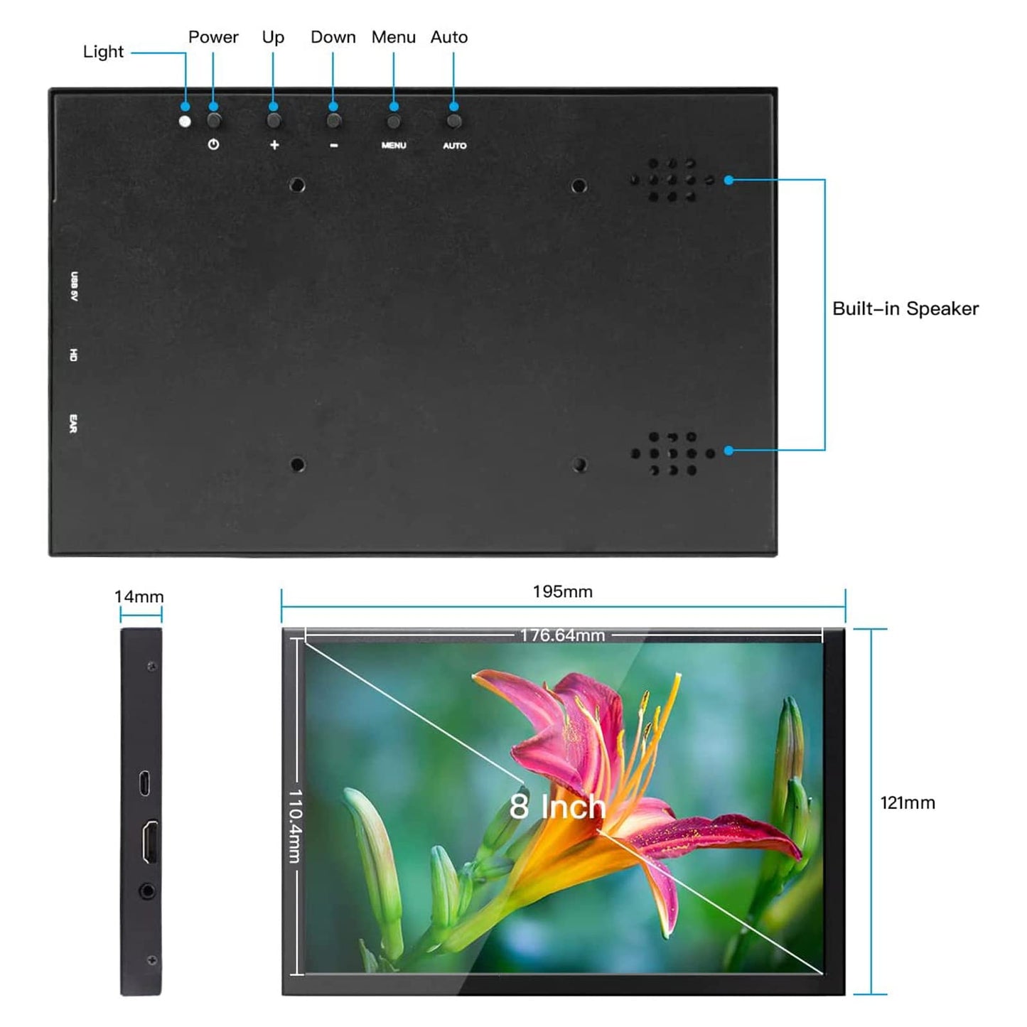 ELECROW 8 Inch Portable Monitor, 1280x800 Mini HD Display with Built-in Speakers, USB Powered, Non-Touch LCD Screen for Raspberry Pi, PC, Laptop, Jetson Nano, Game Consoles