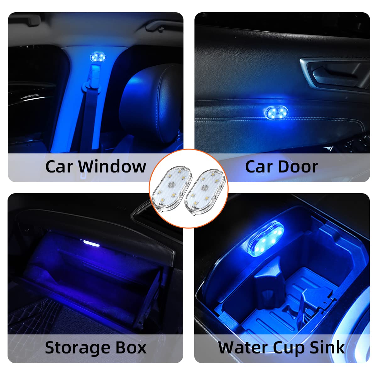 Ziciner Car Wireless LED Lights, Super Bright USB Rechargeable Bulb, Colorful, 2 PCS, ABS Material