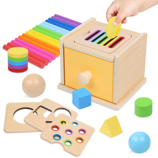 YHHYTOY Montessori Toys for 1+ Year Old, 4 in 1 Object Permanence Coin Box, Ball Drop Color Sorting Sensory Fine Motor Skills Toys Shape Sorter for Toddlers 1-3, Gifts for 1 2 3 Year Old Girls Boys