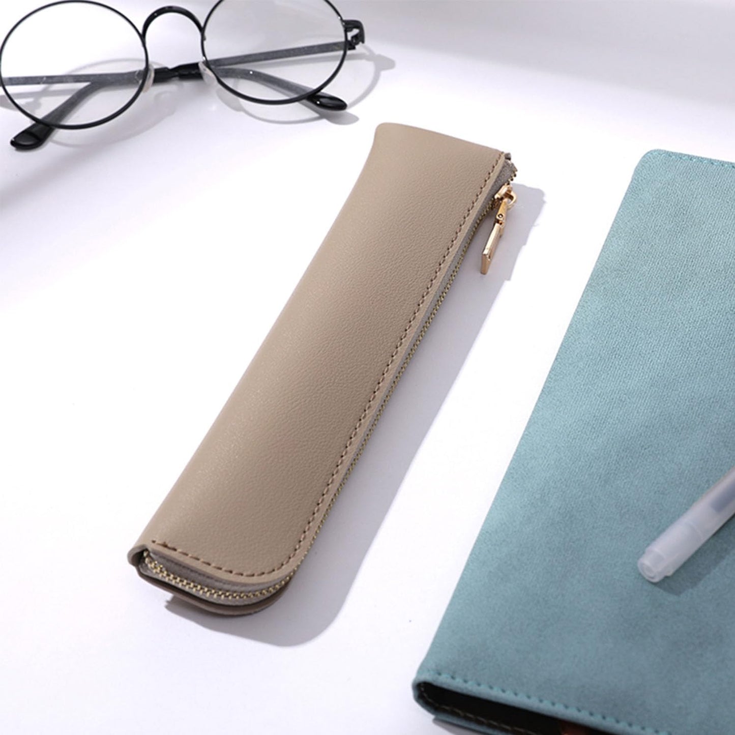 YONBEN Faux Leather Pencil Case Small Pencil Pouch Slim Pen Case Holder Zipper Bag for School Office(Beige,Faux Leather)