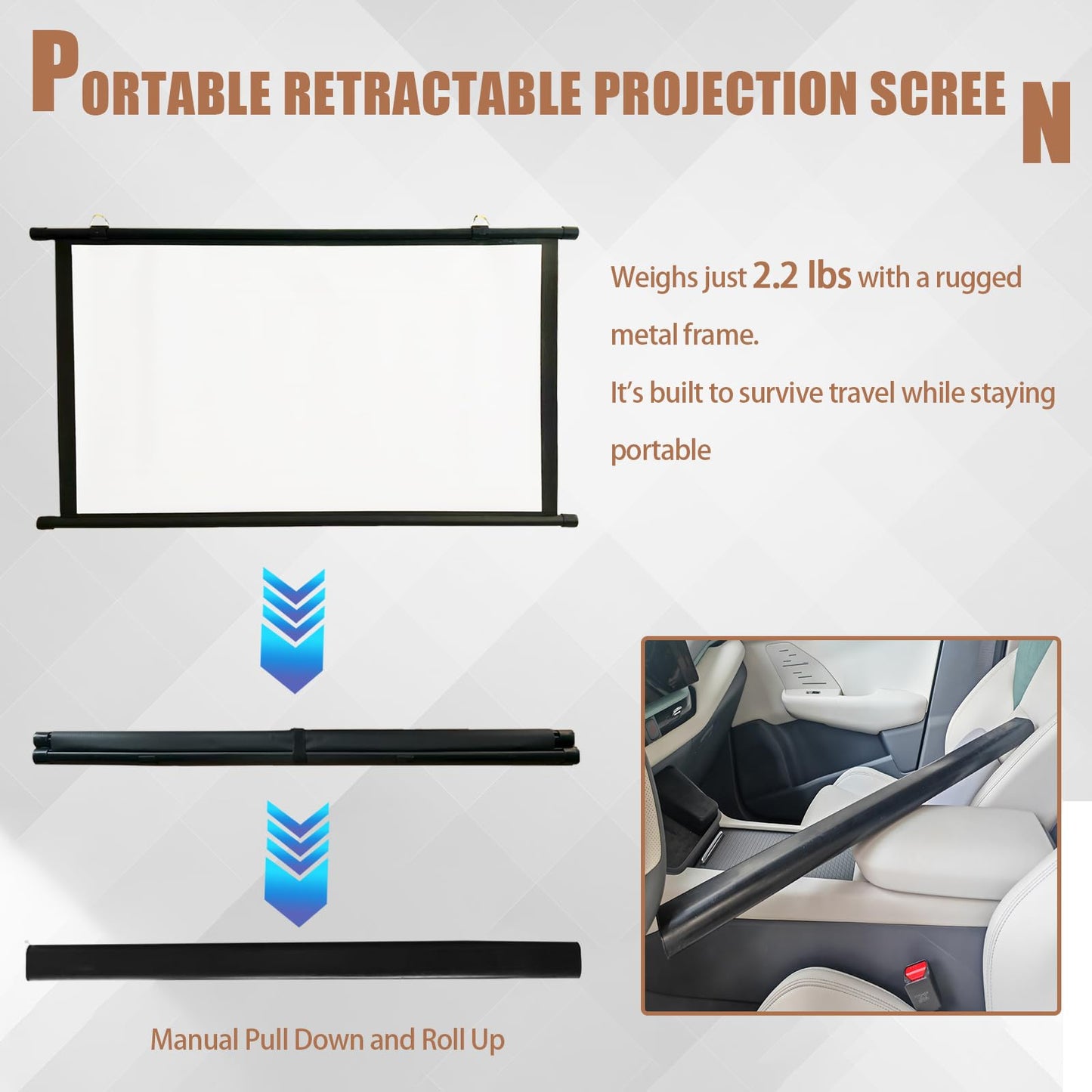 Projector Screen Small for Car, 40 inch 16:9, 4K HD, Portable Projection Screen Retractable, Manual Pull Down and Roll Up Mini Screen, Fitting Car, SUV, RV and More (Manual Rolling)