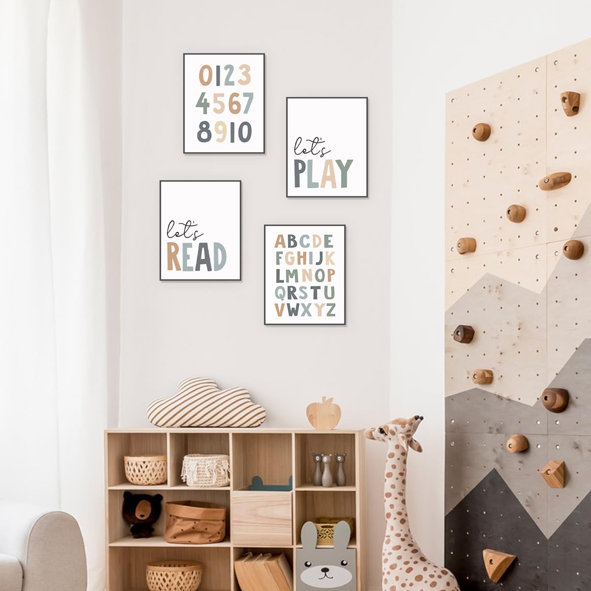 PLKMN Let's Play Read Wall Art Set of 4, Educational Posters, Montessori Classroom Decor, Neutral Kids Decor,Alphabets Number Prints for Nursery Classroom,8x10 Unframed - Boho