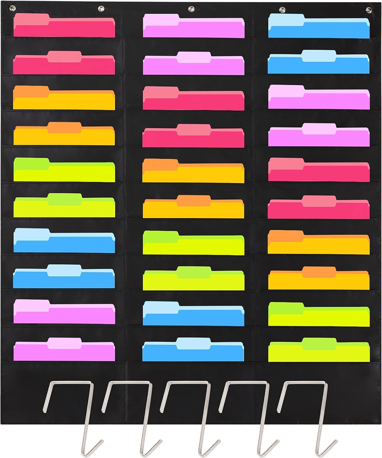Hippo Creation Heavy Duty Storage Pocket Chart for Classroom, 30 Pocket Storage Organizer with 5 Over-Door Hangers, Hanging Wall Organizer for File Folders, School Mailbox, Home Office Papers - Black
