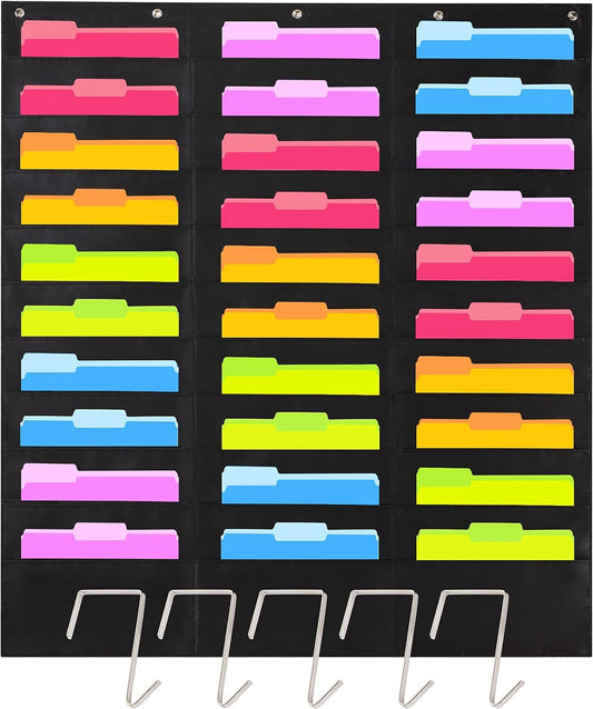 Hippo Creation Heavy Duty Storage Pocket Chart for Classroom, 30 Pocket Storage Organizer with 5 Over-Door Hangers, Hanging Wall Organizer for File Folders, School Mailbox, Home Office Papers - Black