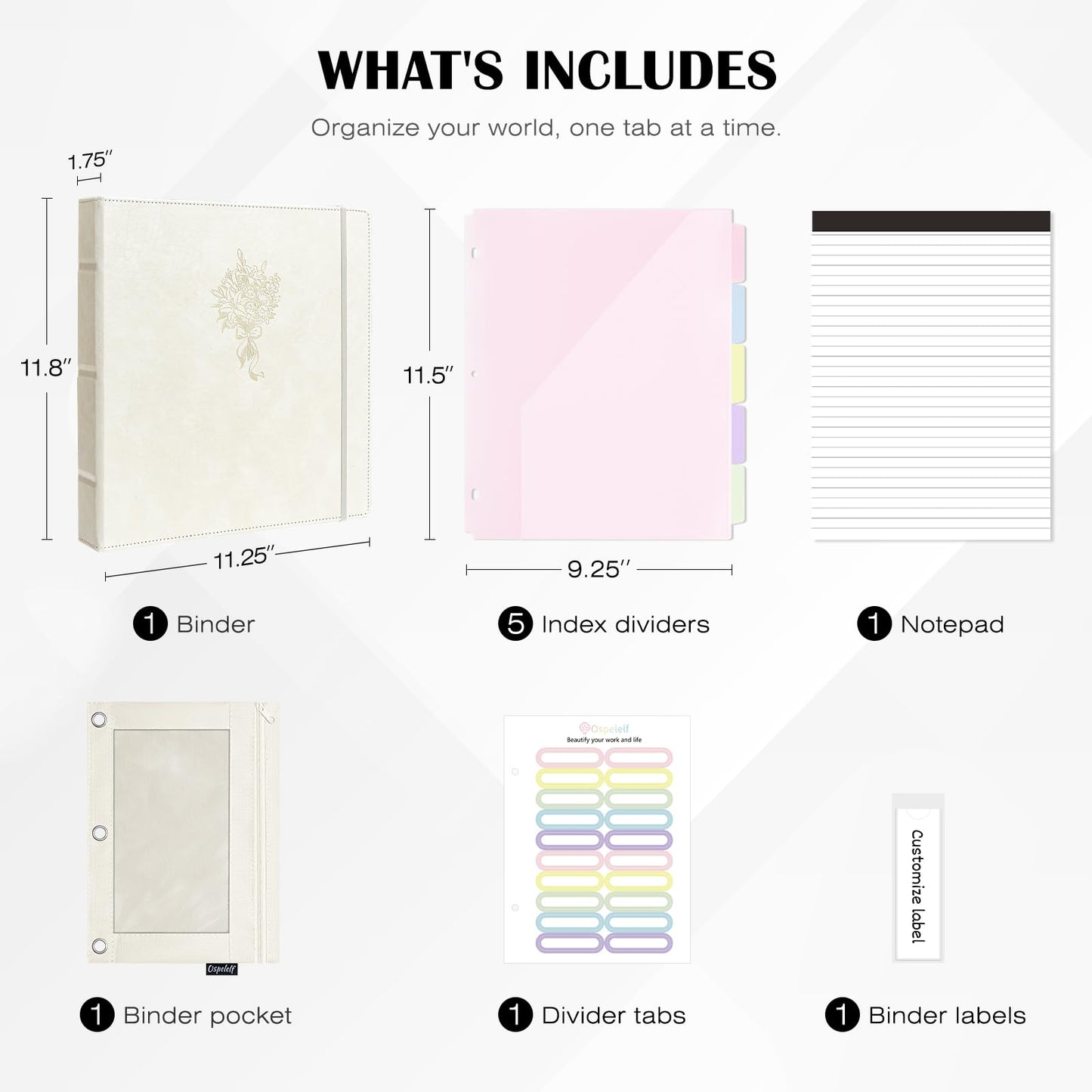Ospelelf Leather 3 Ring Binder for Letter Size Documents with PVC Pocketed Dividers, Pencil Pouch & Notepad, 1 Inch Round Rings, Holds 175 Sheets, for Office School Home Organization, Flower White
