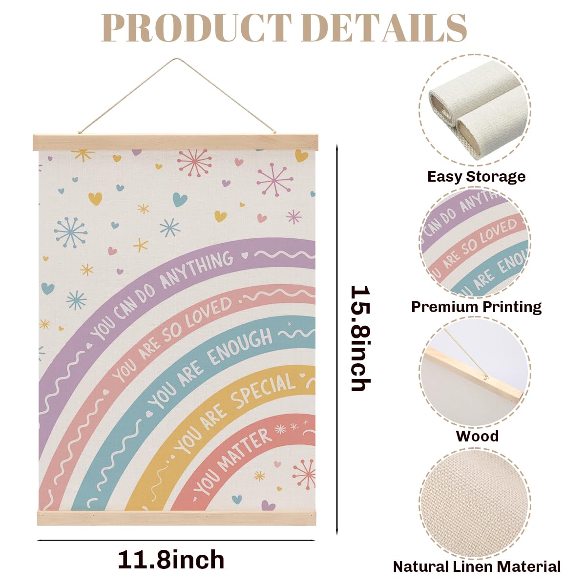2PCS Nursery Girls Kids Room Poster Hanger, Boho Rainbow Flag Banner Nursery Wall Art Hanging Banner With Wooden Frames for Classroom Girls Playroom Bedroom Toddler Room Decor 15.8x11.8 Inch