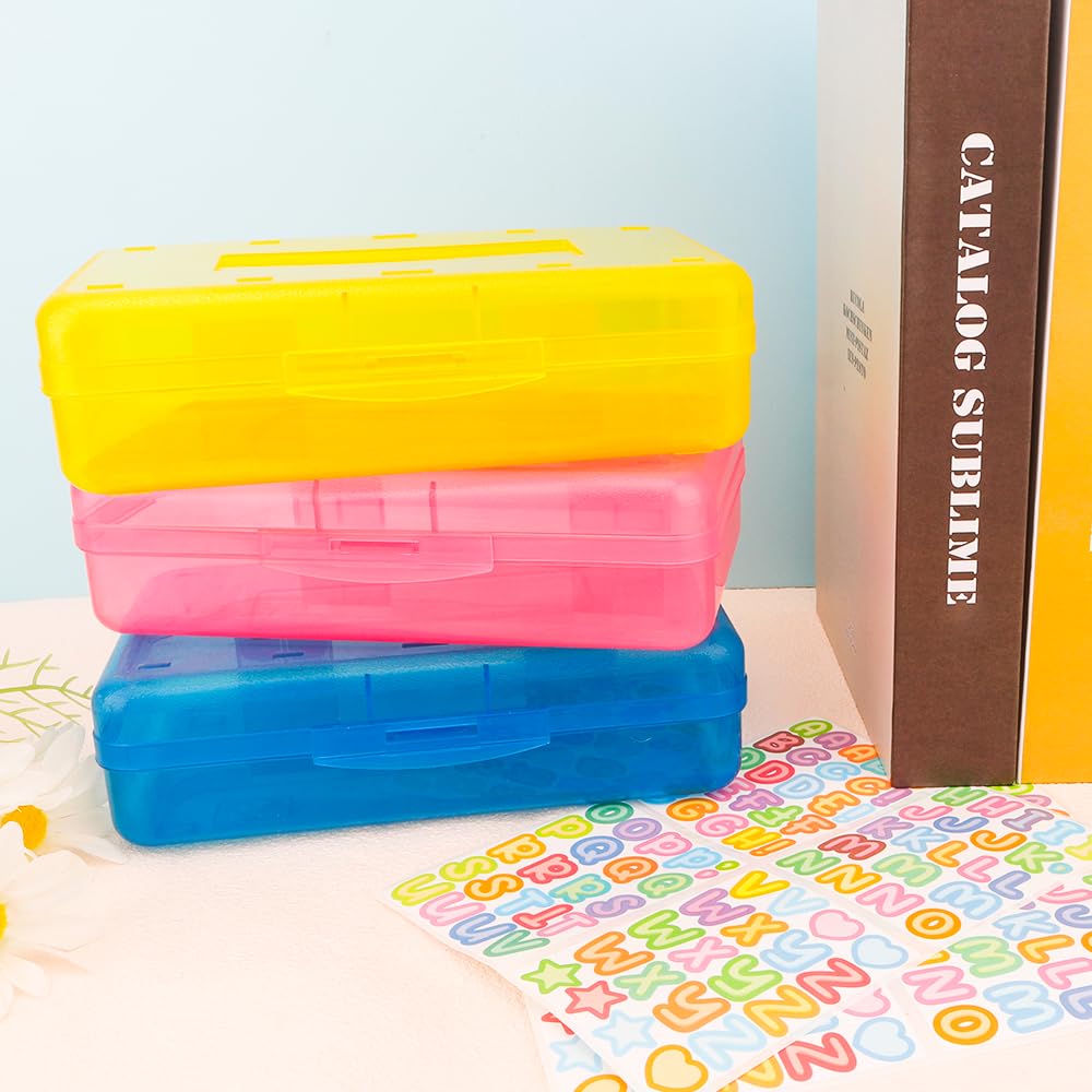 Blue Large Plastic Pencil Box 3 Pack with Aesthetic Design and Hard Case, Comes with Stickers in Pink and Clear Colors